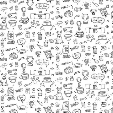Seamless pattern hand drawn doodle Pets stuff and supply icons set. Vector illustration. Vet symbol collection. Cartoon dogs care elements: leash, food, paw, bowl, bone and other goods for pet shop