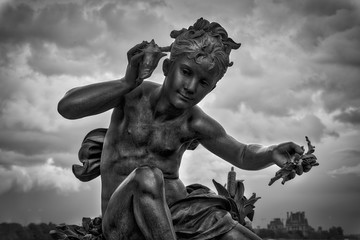 Black and White Paris: Sculpture of Child on the bridge of Alexander III