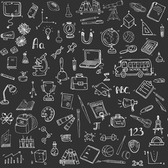 Seamless background with hand drawn doodle School icons set Vector illustration educational symbols Cartoon learning elements: Laptop; Lunch box; Bag; Microscope; Telescope; Books; Pencil Sketch bus