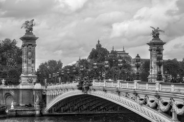 Alexandre III bridge in Paris, France. Black and white.