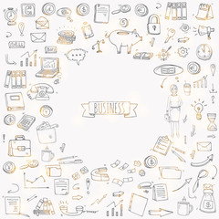 Hand drawn doodle Business set. Vector illustration. Finance and communication icons. Economic charts symbols collection. Freehand elements: money, telephone, laptop, bag, arrow, clock. Business lady.