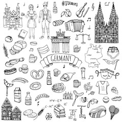 Hand drawn doodle set of Germany icons. Vector illustration set. Cartoon German landmark. Sketchy Europe travel elements collection: Sausage, Beer, Wheat bread, football, tennis, classic music, castle