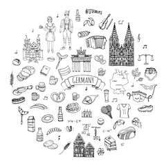 Hand drawn doodle set of Germany icons. Vector illustration set. Cartoon German landmark. Sketchy Europe travel elements collection: Sausage, Beer, Wheat bread, football, tennis, classic music, castle