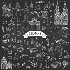 Hand drawn doodle set of Germany icons. Vector illustration set. Cartoon German landmark. Sketchy Europe travel elements collection: Sausage, Beer, Wheat bread, football, tennis, classic music, castle