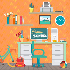 Back to school concept. Girl workspace with desk, computer, byci