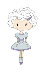Fototapeta premium Illustration of a Cute Little Doll Girl with Flower. Design Dress. Comic book