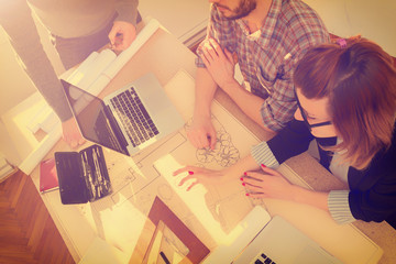 Young group of people discussing business plans, with lap-tops, plans in a room lit by natural...