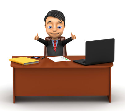 3d successful businessman sitting at a desk on a white backgroun