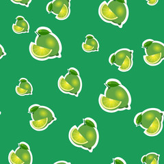 Pattern. small lime and leaves different sizes on green background.
