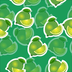 Pattern. lime and leaves and slises same sizes on green background. Transparency lime.