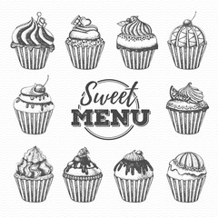 Set of vintage cupcakes. Dessert menu