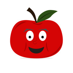 Apple fruit character with big smile on face. Red color. Isolated vector illustration. 