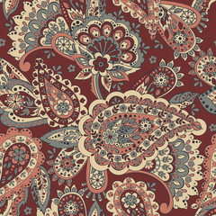 Paisley seamless pattern with flowers. Floral vector background