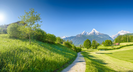 Hiking path with great view onto snowy Watzmann, Berchtesgaden,Bavaria,Germany