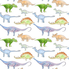 Watercolor Hand drawn seamless background pattern with illustration of green, blue and brown dinosaur silhouettes © fuzzylogickate