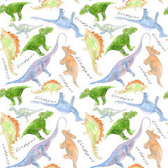 Watercolor Hand drawn seamless background pattern with illustration of green, blue and brown dinosaur silhouettes with lettering