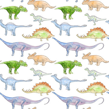 Watercolor Hand drawn seamless background pattern with illustration of green, blue and brown dinosaur silhouettes