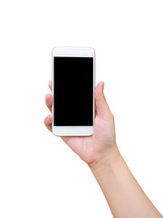 Isolated female hand holding mobile phone