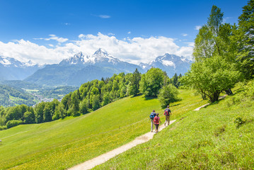 Fototapeta na wymiar Hiker on trail above Berchtesgaden, Bavaria, Germany