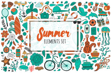 Summer set doodle elements. Travel drawing