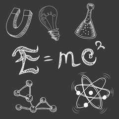 Mass-energy equivalence E=mc2 isolate on black background. Hand drawn illustrations