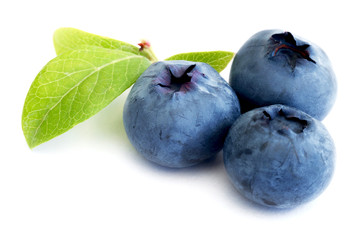 Three blueberries with leaves  on white background 