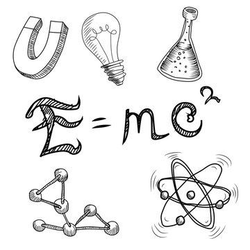 Mass-energy equivalence E=mc2. Hand drawn illustrations