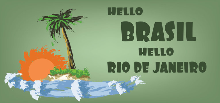Hello brasil card with palm trees, sun and water design over green background, in outlines. Digital vector image