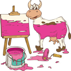 Isolated Spotted Cow Painted in a Pink, Tin Can of Paint