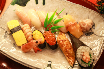 Sushi set on the restaurant 