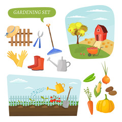Garden colorful designs elements vector farm illustration icon set of different gardening equipment, tools, vegetables and plants.