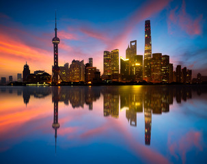 Fototapeta premium Shanghai skyline in the morning with reflection, Shanghai China