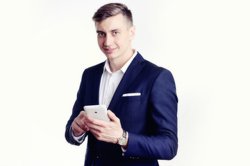 Closeup portrait, young professional, beautiful in blue shirt, arms crossed folded, smiling isolated indoors office background. Positive human emotions