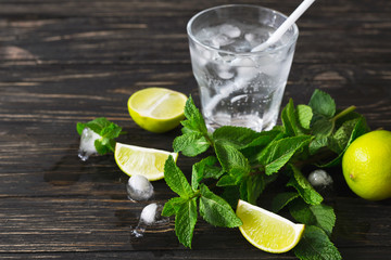 Cocktail with soda water, ice, lime and mint