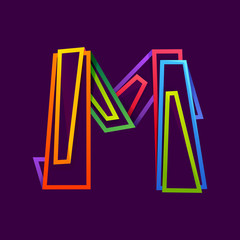 Letter M logo formed by colorful neon lines.