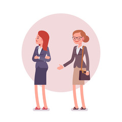 Rejection of handshake. Two women in a formal wear. Cartoon vector flat-style business concept illustration
