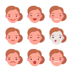 Set of 9 different emotions. Anger and joy. Surprised and hurt. Indifference and shock. Laughter and dream. Cartoon vector flat-style illustration