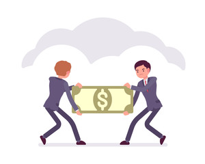 Two businessmen are pulling the papernote to each other. Cartoon vector flat-style business concept illustration