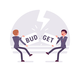 Two businessmen are pulling the word budget to each other and tearing it. Thunder background, characters are about to fall down. Cartoon vector flat-style business concept illustration