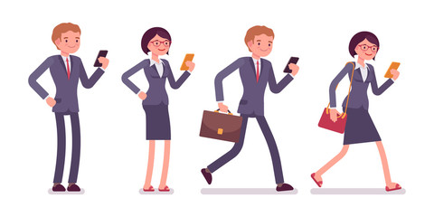 Fototapeta na wymiar Office workers with smartphones. Men and women in a formal wear. The set of characters isolated against the white background. Cartoon vector flat-style business illustration