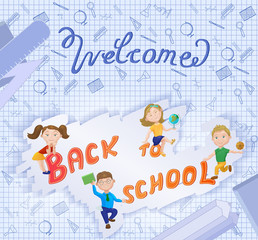 Cute cartoon schoolkidl. Back to school concept, banner, poster.