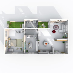 3d interior rendering plan view of furnished home apartment 