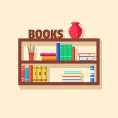 Collection of paper books. Wooden bookshelf. Vector flat illustration