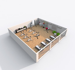 3d interior rendering perspective view of furnished gym