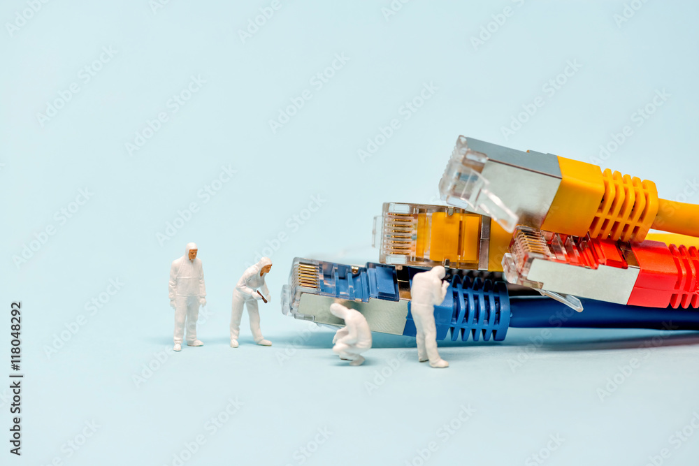 Poster technicians with multicolored network cables