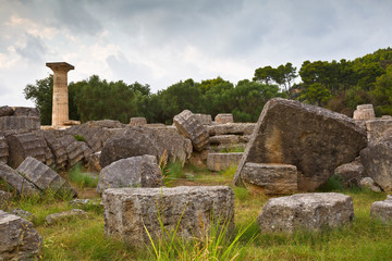 Remains of Temple of Zeus in the archaeological site of Ancient Olympia.
