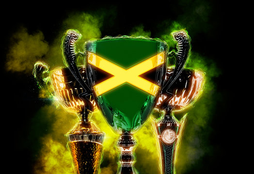 Trophy cup textured with flag of Jamaica. 2D Digital illustratio