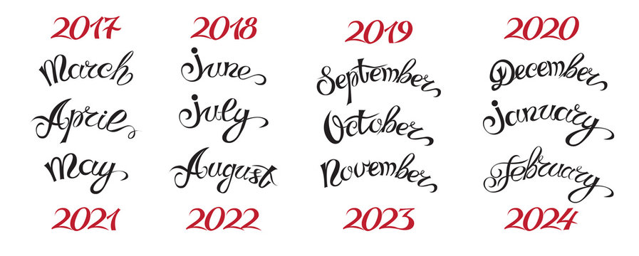 Set hand-drawn lettering months names and namber of year