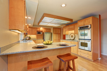 Bright wooden kitchen interior with steel appliances.