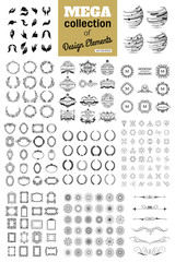 Mega collection of design elements hand gestures, sphere, hipster logo, floral wreaths, restaurant logo, monogram, vintage frame, laurel wreaths, sun signs, book border.